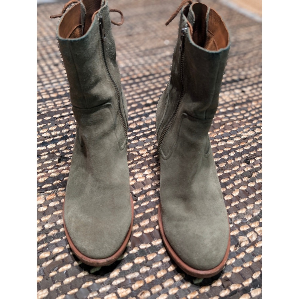 Kork-Ease Green Suede Ankle Boots Lace Back Block Heel Womens 7M